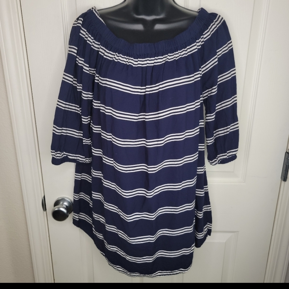 Beach Lunch Lounge Navy Blue & White Striped Off/On Shoulder Top.